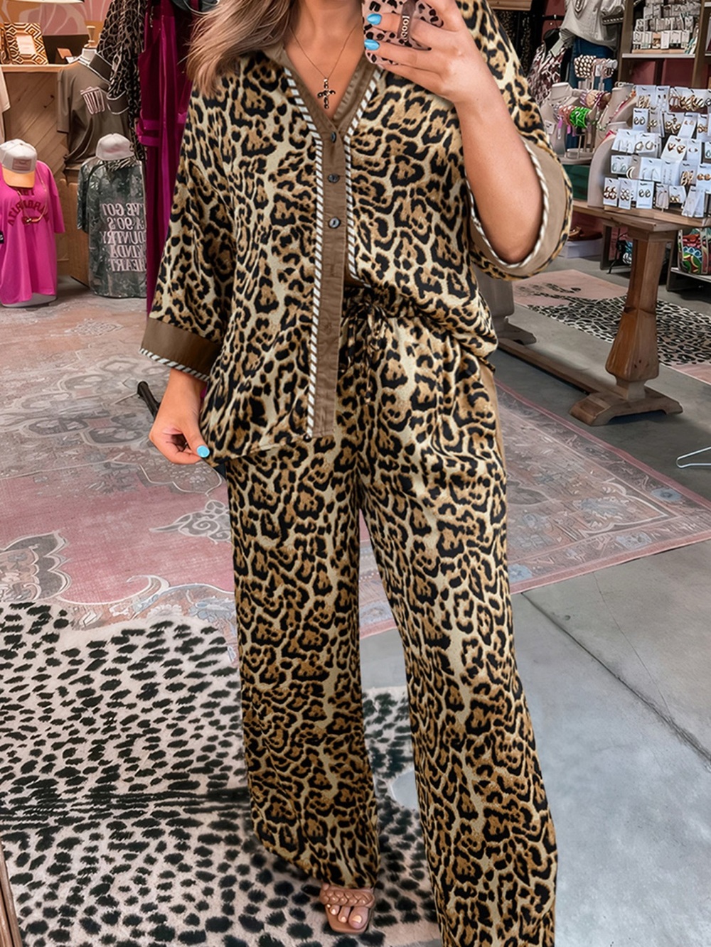 Leopard Collared 3/4 Sleeve Shirt and Loose Pants Two Piece Outfit Set